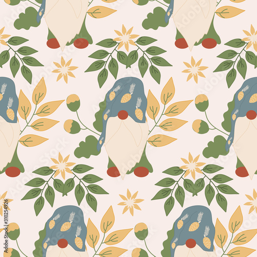 cute gnome and colorful flowers in a seamless pattern design