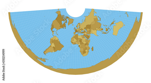 World Map. Conic equidistant projection. Map of the world with meridians on blue background. Vector illustration.