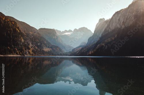 landscape of a blue lake and mountains in Austria
