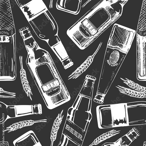 seamless pattern with different beer bottles.