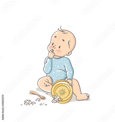 Cute little baby boy sitting on floor and making a mess with his food. Vector cartoon illustration
