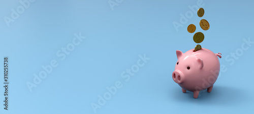 Stylized ceramic piggy bank on blue mockup background, 3D Illustration