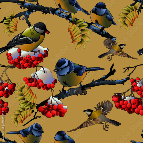 Titmouse and mountain ash. Vector illustration on a yellow background. Seamless winter pattern. Can be used for wallpaper, pattern fills, web page background, surface textures.
