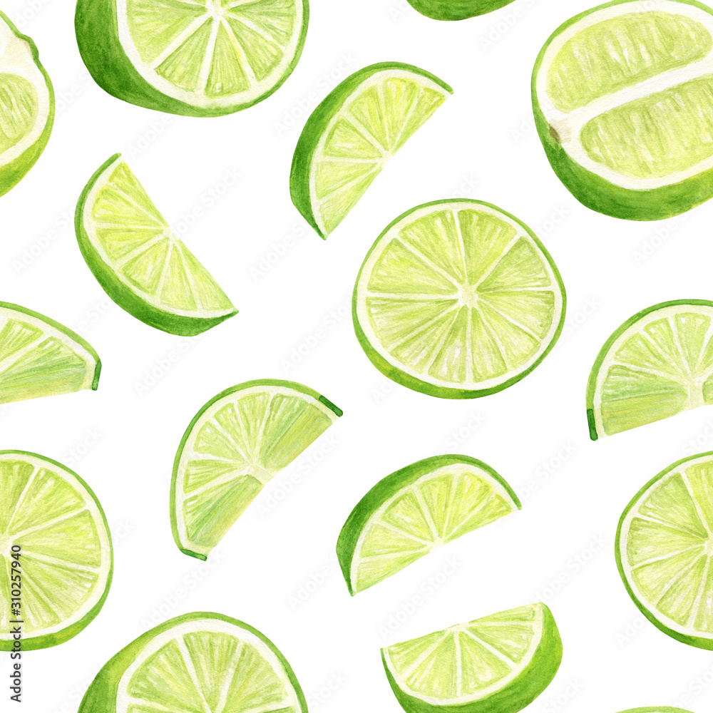 Watercolor lime seamless pattern. Hand drawn botanical illustration of citrus slices isolated on white background