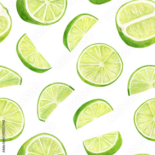 Watercolor lime seamless pattern. Hand drawn botanical illustration of citrus slices isolated on white background