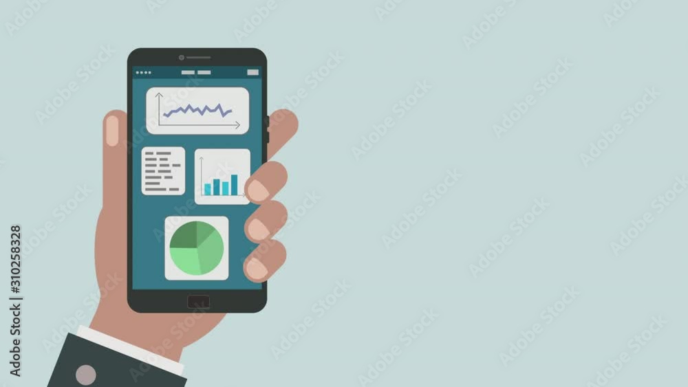 hand with smartphone and an app with financial charts, concept of business online, copy space, seamless loop, luma matte for background replacement hand with smartphone and an app with financial charts, concept of business online, copy space, seamless loop, luma matte for background replacement