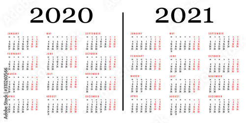 Calendar 2020 and 2021 template. Calendar design in black and white colors, holidays in red colors. Vector on white background