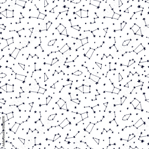 Universe texture design. Stylized night sky seamless pattern with shining stars and constellations. 