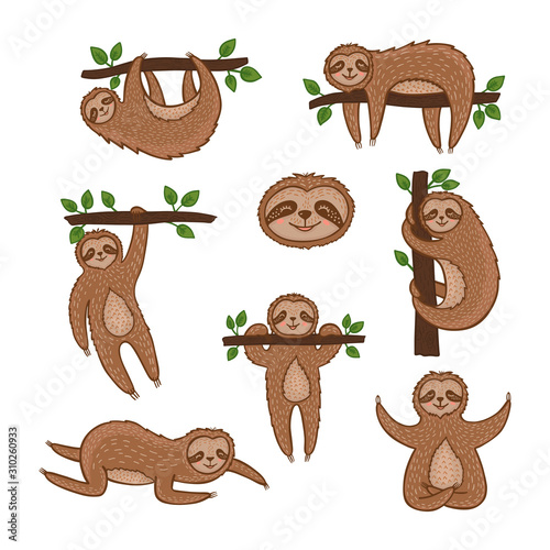 Set of doodle slothes for print design, poster, t-shirt. Cute cartoon characters. 