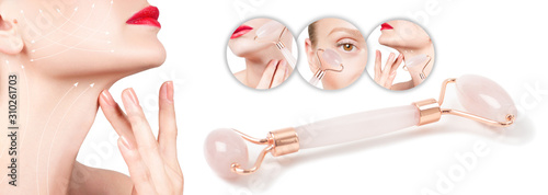 Face lift anti-aging treatment with jade roller. Woman with perfect skin of her face after massage.