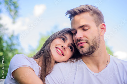 Playful couple. happy valentines day. summer vibes. family weekend. romantic date. couple in love. Skin and hair care. couple relax outdoor. Tender feeling. girl with guy in park. Beauty and fashion
