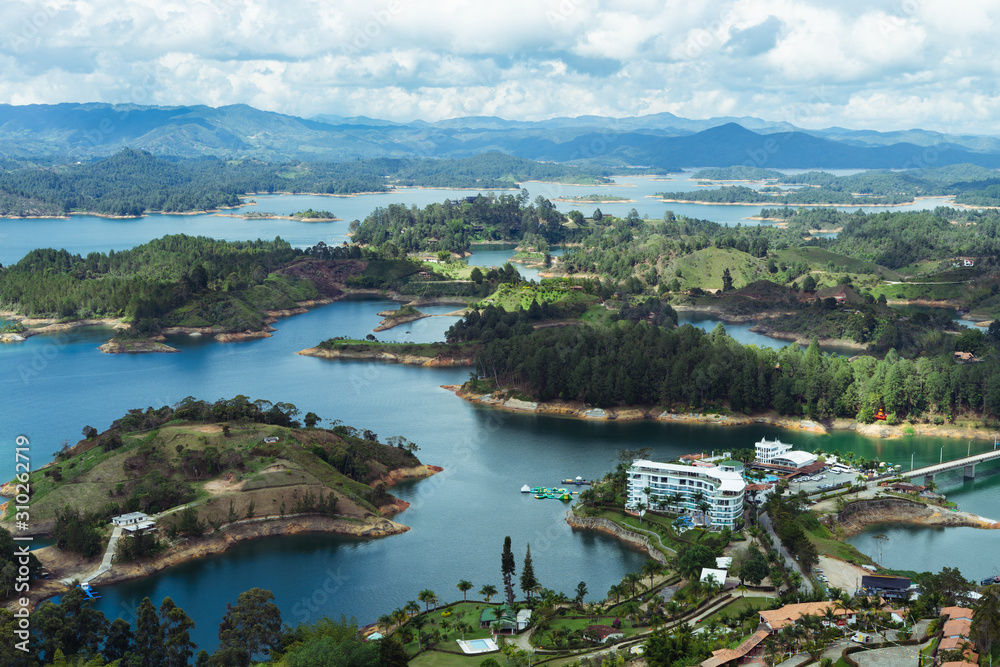 Landscape of the El Peñol Reservoir, Guatapé. Antioquia Colombia