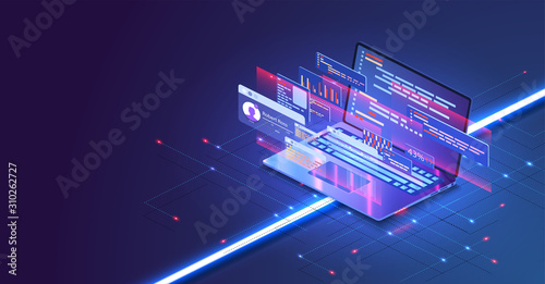 Coding and programming app in laptop for Web developer concept based isometric design . Web Development concept, programming and coding. Laptop with virtual screens on blue background. Vector
