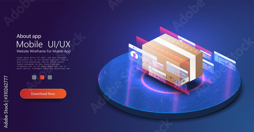 The concept of automatic logistics management. Cardboard box. Futuristic Warehouse equipment, parcel scanning, automatic dispatch. Logistics business. Logistics, delivery. Blue. Vector illustration