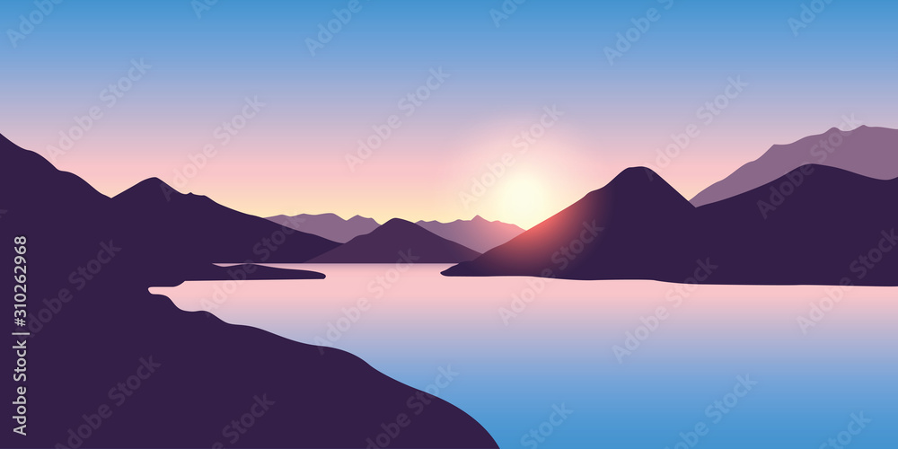peaceful big river nature landscape at sunrise in purple colors vector illustration EPS10