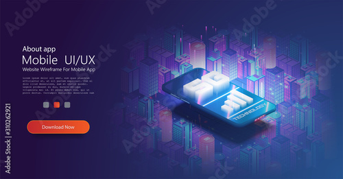 5G  wireless internet wifi connection. New generation mobile networks and internet. Mobile internet of next generation. Isometric futuristic hi-tech smartphone with hologram. Web page design template