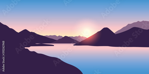 peaceful big river nature landscape at sunrise in purple colors vector illustration EPS10