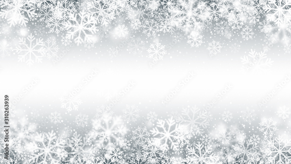 Vector Blurred Motion Falling Snow Border 3D Effect With Realistic White Snowflakes Overlay On Light Silver Background. Merry Christmas And Happy New Year Winter Season Holidays Abstract Illustration