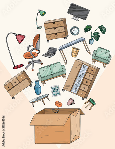 Office and home furniture in the box, mobile office, office relocation