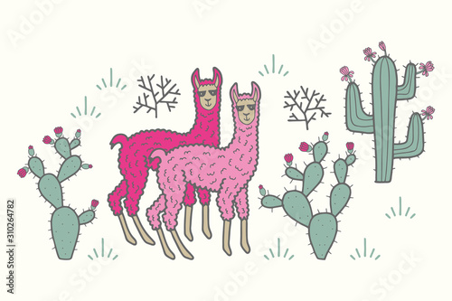 Vector nature placement print. Simple doodle llama and cactus hand drawn. Great for invitation, tshirt print, sticker, decor, fashion.