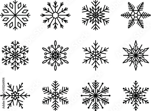 Snowflake icon. Christmas and winter theme. Simple flat white illustration on a blue background.