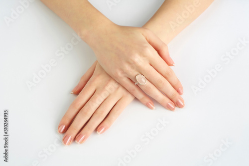 Woman hands with French manicure. Hand model