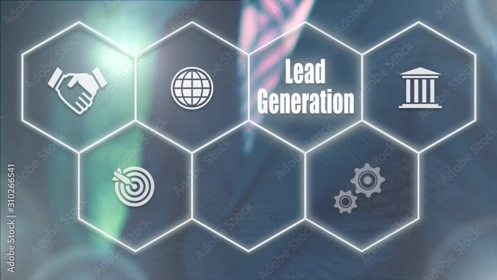 A businessman selecting a Lead Generation concept on a futuristic computer display with a blue background A businessman selecting a Lead Generation concept on a futuristic computer display with a blue background
