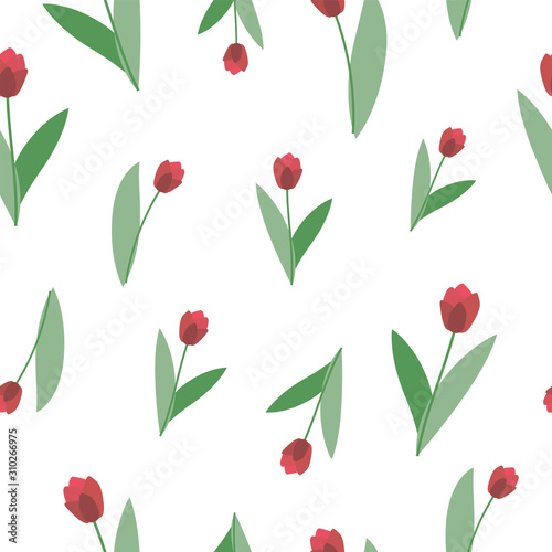 Seamless vector pattern with bright scarlet big simple tulip objects isolated on white background.