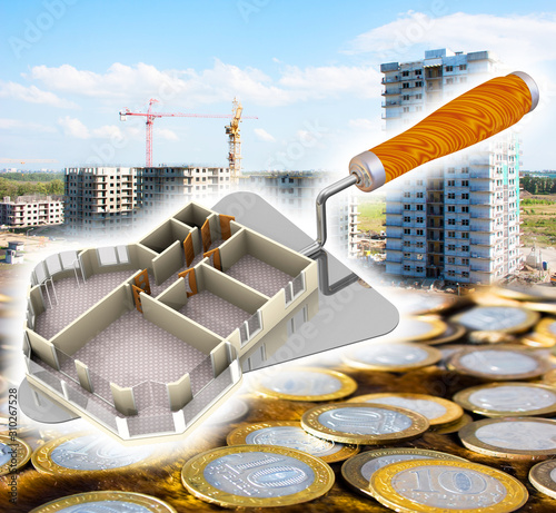 Buying an apartment in a house under construction. Project of an apartment lying on the trowel on the background of Russian ruble coins and high-rise apartment buildings under construction photo