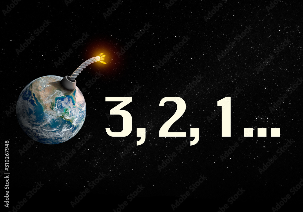 Space view of Earth changed into bomb with lit fuse, about to explode, with countdown written Space view of Earth changed into bomb with lit fuse, about to explode, with countdown written