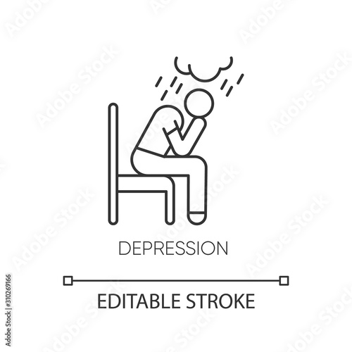 Depression linear icon. Crying person. Chronic exhaustion and fatigue. Frustration and stress. Mental disorder. Thin line illustration. Contour symbol. Vector isolated outline drawing. Editable stroke
