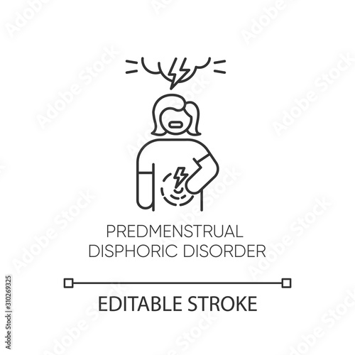 Predmenstrual dysphoric disorder linear icon. Menstrual cramp. PMS. Premenstrual health care. Mental issue. Thin line illustration. Contour symbol. Vector isolated outline drawing. Editable stroke