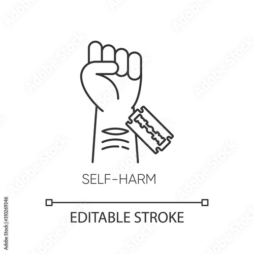 Self-harm linear icon. Cut hand with razor blade. Mental disorder. Hurt vein. Self-inflicted violence. Thin line illustration. Contour symbol. Vector isolated outline drawing. Editable stroke