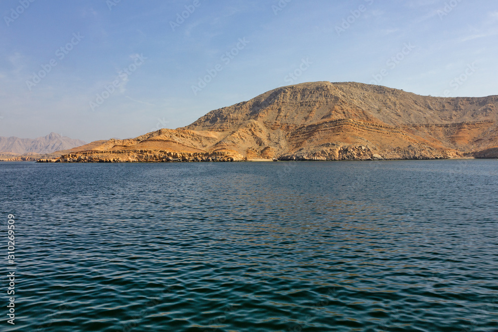 Mountain landscape, Oman fjords sea view, Khasab, Musandam peninsula.