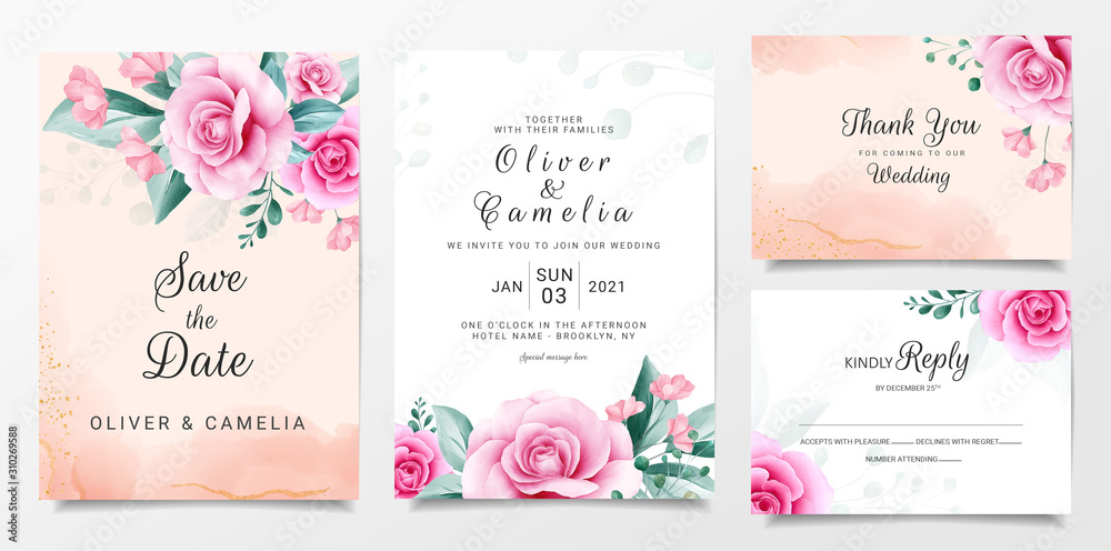 Elegant wedding invitation card template set with watercolor flowers arrangements. Botanic and leaves illustration for background, save the date, invitation, greeting card, etc