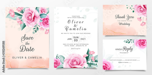 Elegant wedding invitation card template set with watercolor flowers arrangements. Botanic and leaves illustration for background, save the date, invitation, greeting card, etc