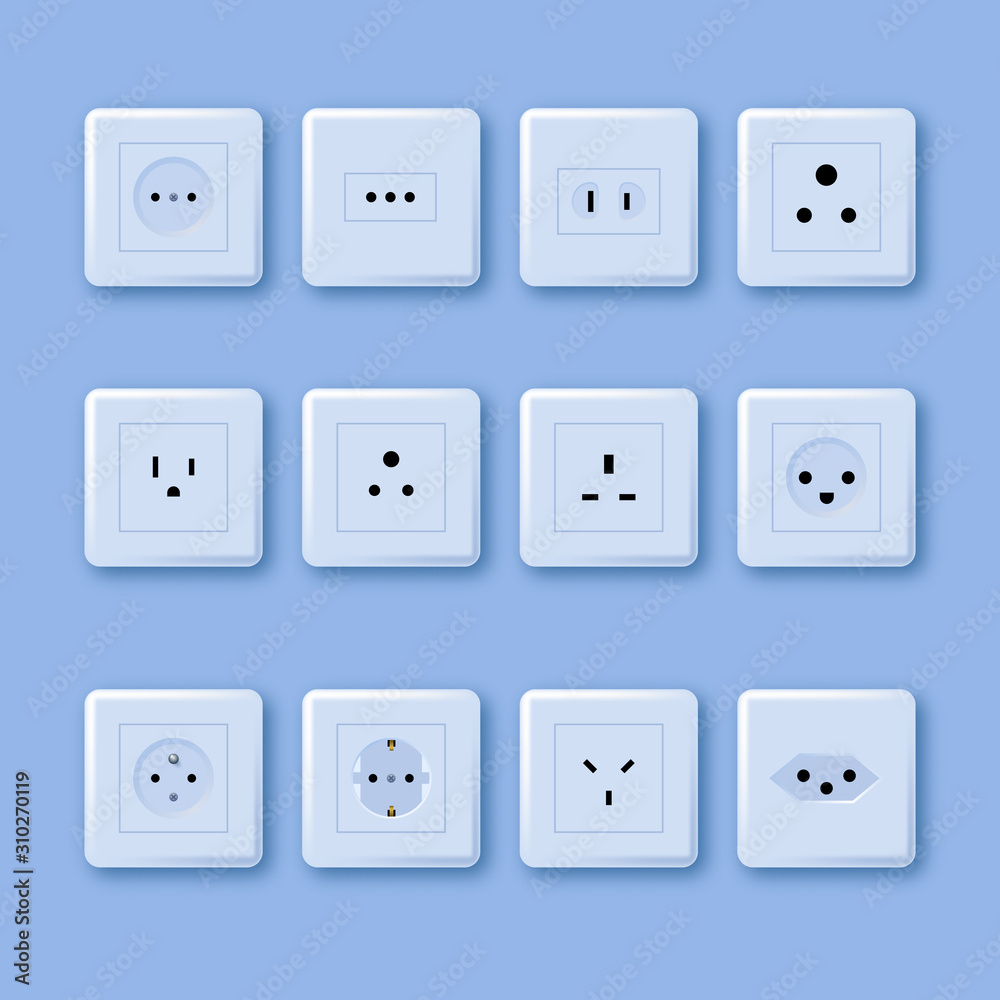 Electric outlet. Different type power socket set, vector isolated icon  illustration for different country plugs. Power socket. World standards  icons set. Switches and sockets types set. AC power Stock Vector | Adobe