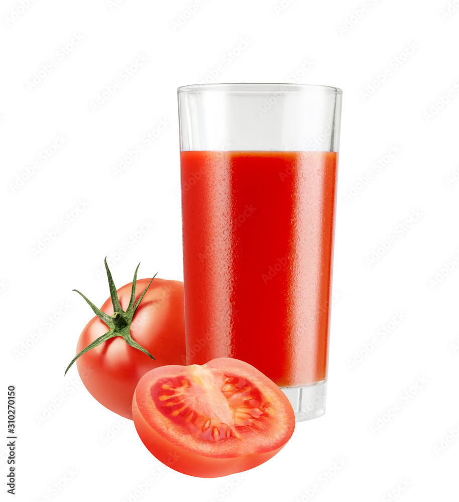 Glass of fresh healthy red juice with tomatoes isolated on white background, with clipping path Glass of fresh healthy red juice with tomatoes isolated on white background, with clipping path