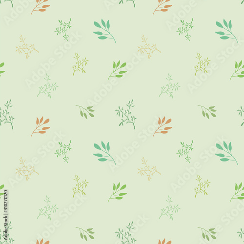 Seamless vector pattern with green, orange, yellow contours of plants, seasonings on a light blue background.