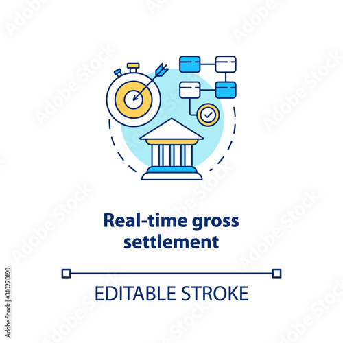 Real time gross settlement concept icon. Funds transfer procedure idea thin line illustration. RTGS. Payment settling. Banking system. Vector isolated outline drawing. Editable stroke