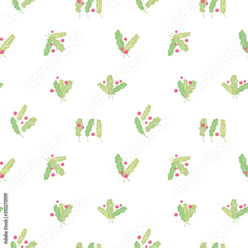 Seamless vector christmas pattern with green wavy leaves with bright red berries isolated on white background.
