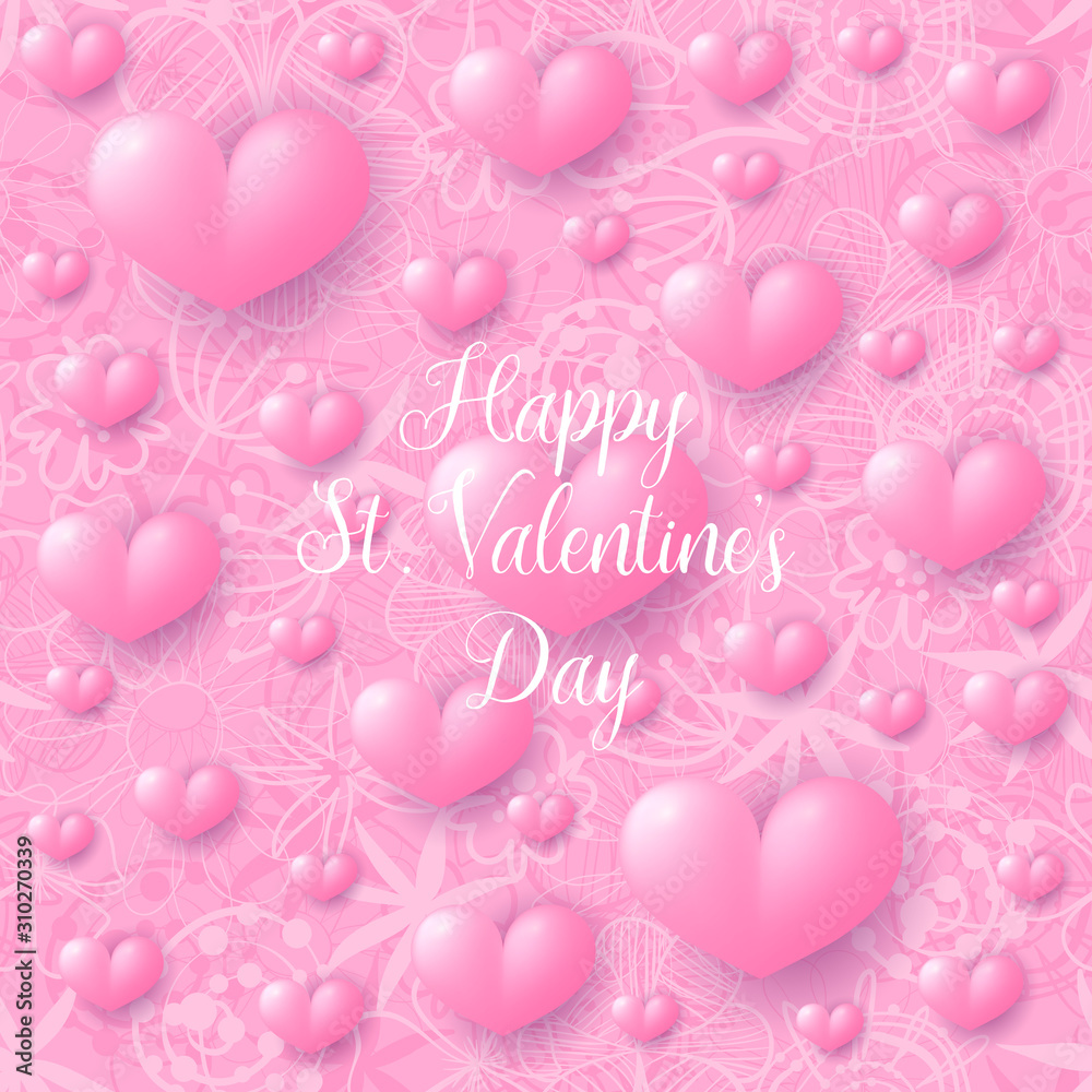 Happy Valentines day banner decorated 3d pink hearts on pink background. Vector illustration