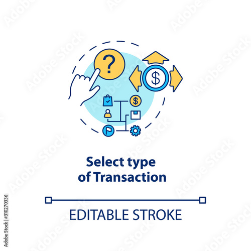 Select type of transaction concept icon. ATM operation idea thin line illustration. Money withdrawal procedure. Cashpoint, cashline. Banking. Vector isolated outline drawing. Editable stroke