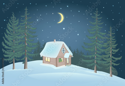Small house in the forest and snowdrift.