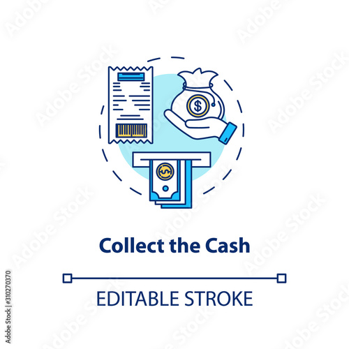 Collect cash concept icon. Money withdrawal idea thin line illustration. ATM transaction step. Bankomat. Cashpoint, cashline. Banking. Vector isolated outline drawing. Editable stroke