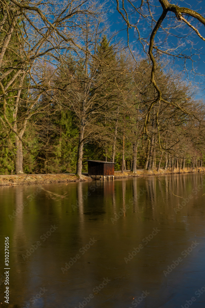 Rouda and Olesnicky novy pond in sunset time in winter evening