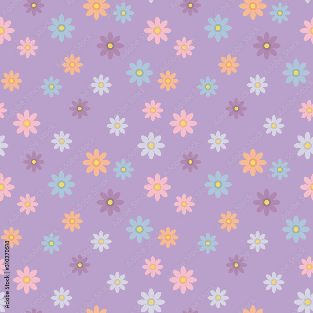 Seamless vector cute light pattern with color red, violet and blue flowers on a pale purple background.