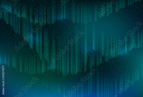 Blurry fluid vector background of polar lights. Holographic shiny colors. Aurora abstract background. Aurora blue sky and a lot of star in form of milky way, astronomy background, Vector illustration