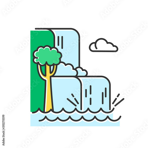 Waterfall landscape color icon. Vacation trip to Indonesia. Hidden treasures of Bali. Tropical jungle rivers. Water cascade in rainforest. Discovering world wonders. Isolated vector illustration