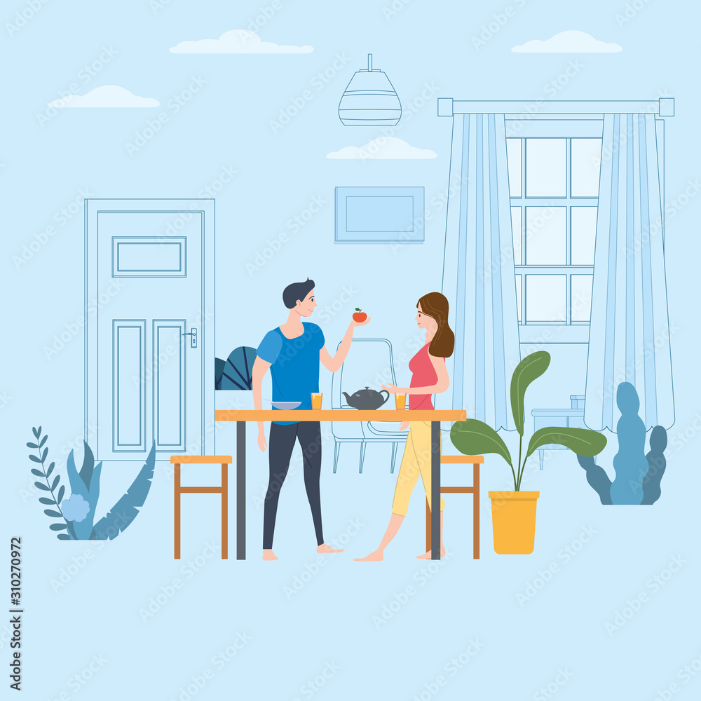 Fototapeta premium Smiling man and woman standing in kitchen, eating snacks and feeding each other. Happy boy and girl having breakfast lunch. Cute couple enjoying food together. Flat cartoon vector illustration.